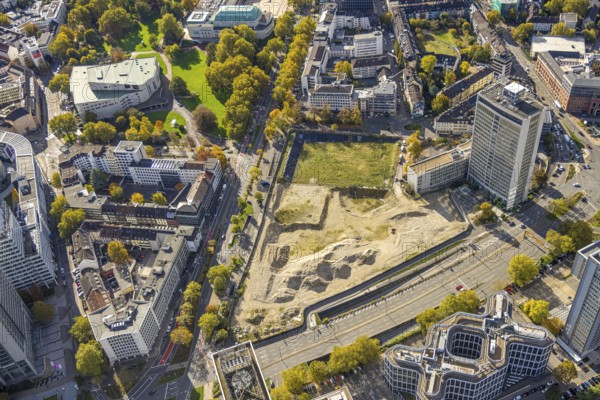 Aerial view, Essen Campus construction site at the main train station, innogy SE, Fakt Tower, DB