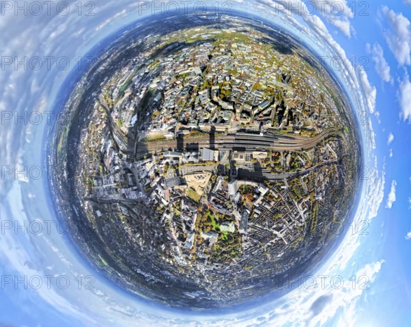 Aerial view, central station and city city center, below redesign of Essen campus construction site