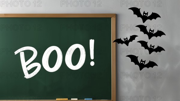 A chalkboard in a classroom shows the word Boo! written in white. Black bats flying against the