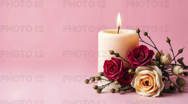 A lit white candle stands next to dried roses on a soft pink background, creating a calm and