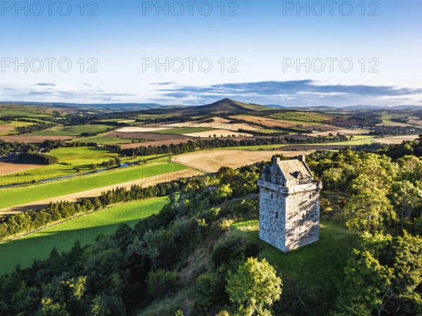 Fatlips Castle from a drone, Minto Crags, River Teviot, Roxburghshire, Scottish Borders, Scotland,