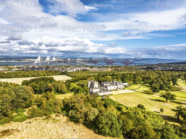 Dundas Castle over South Queensferry from a drone, Edinburgh, Scotland, UK