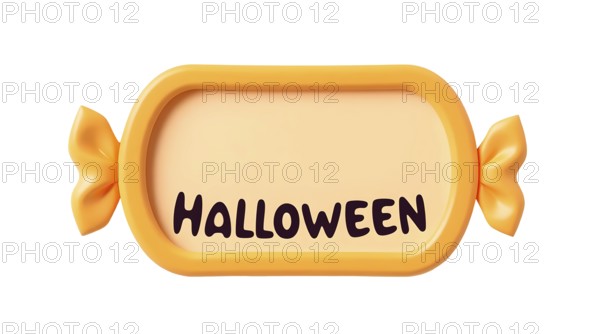 Bright orange candy shaped frame or card with the text Halloween on white background, showcasing