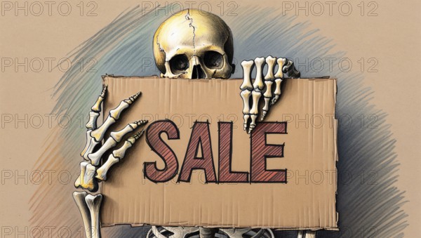 A skeleton humorously holds a cardboard sale sign against a beige background, hand-drawn sketch