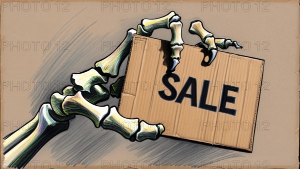 Illustration of a skeleton hand holding a cardboard sign with the word 'SALE' in bold black