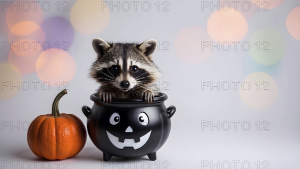 A cute raccoon cub peeks out of a black cauldron decorated with a spooky face, next to a bright