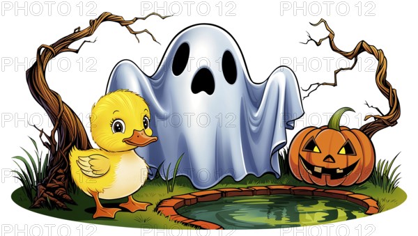 A cheerful yellow duckling stands beside a playful ghost near a carved pumpkin by a small pond,