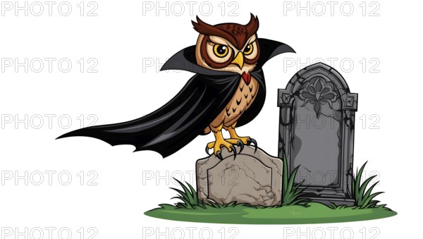 Cartoon owl wearing a black cape stands on a gravestone in a cemetery, white clean background. AI