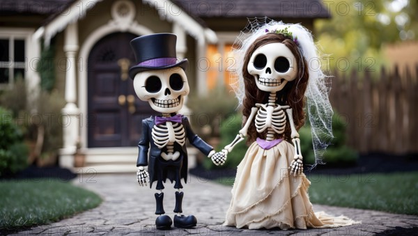 Cute skeleton bride and groom standing hand in hand on the walkway in front of a cozy suburban