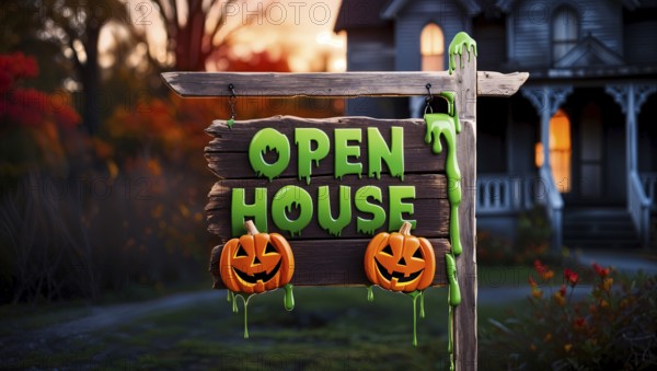 Colorful open house sign with green letters hangs above two jack-o'-lanterns in a vibrant fall