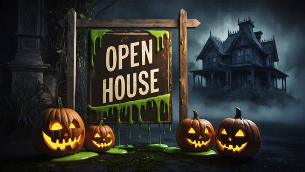 A haunted house is set up outside an old mansion with an open house sign. Brightly carved pumpkins