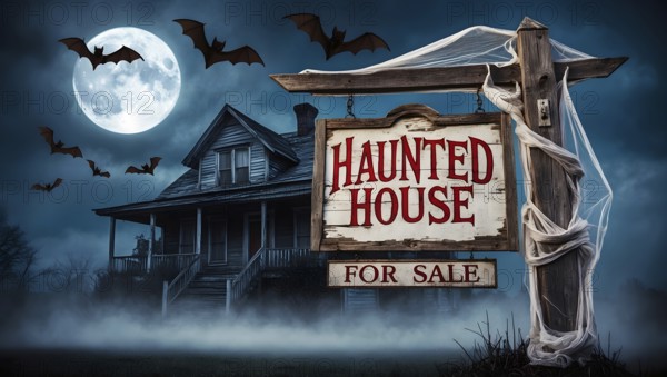 An eerie scene shows a haunted house for sale illuminated by the light of a full moon. Bats fly in