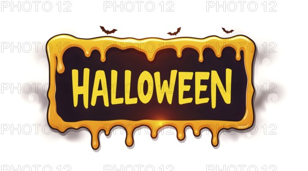 A colorful Halloween sign showcases the word Halloween in bright yellow letters on a dark