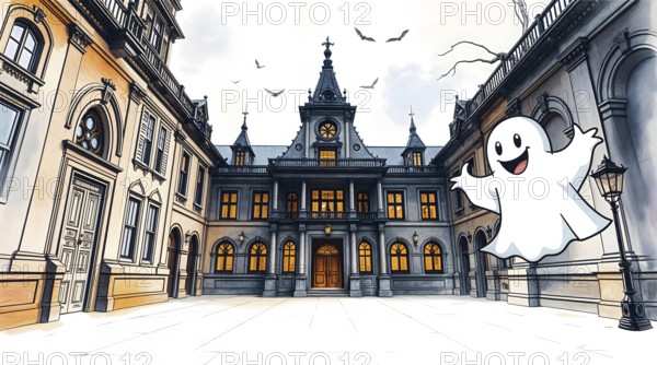 A captivating watercolor scene showcases intricate architecture with a cheerful cartoon ghost