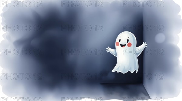 A cheerful cartoon ghost stands in the corner of an abstract room, surrounded by soft paint washes.