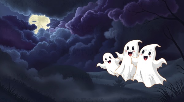 Three cheerful cartoon ghosts joyfully float through a dark and stormy sky on Halloween night.