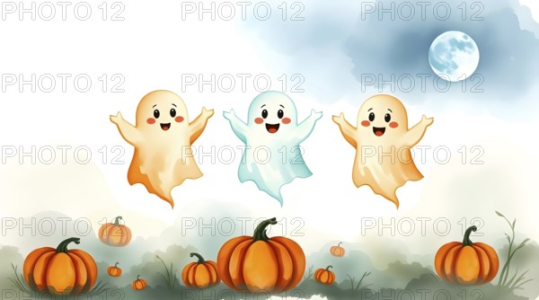In a serene, foggy field, three happy cartoon ghosts dance joyfully. They float above glowing