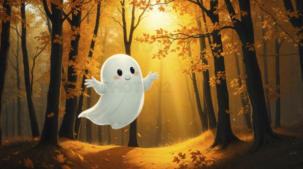 A cute white ghost joyfully floats in a serene autumn forest. Golden leaves are falling all around,