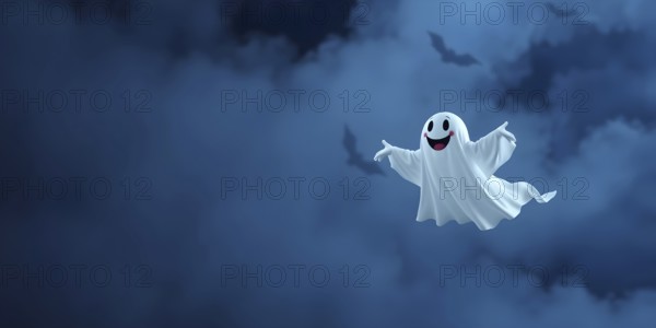 A friendly ghost floats joyfully among eerie, dark clouds. Bats fly in the background, creating a