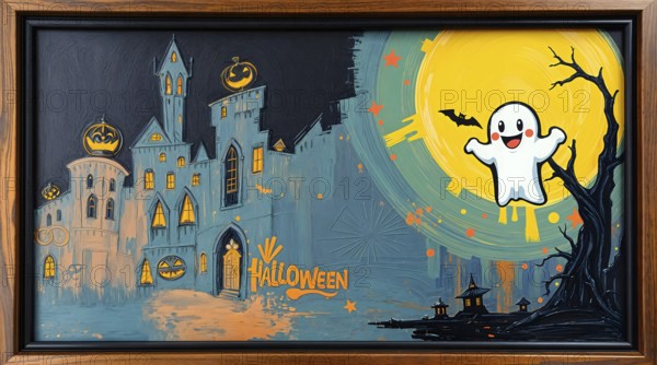 An abstract cityscape featuring eerie buildings, a playful ghost, and a bare tree set against a
