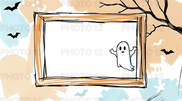 Doodle of a cartoon ghost in frame with white clean background, surrounded by bats, tree,