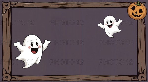 Cartoon ghosts in a wooden frame with a Halloween pumpkin on a dark purple background, conveying a