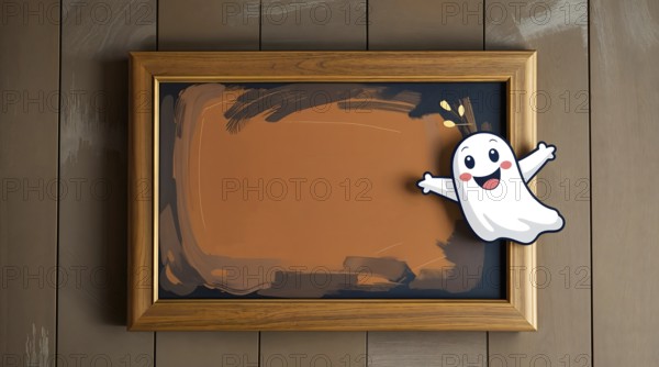 A playful white ghost smiles while presenting an empty painting in a wooden frame. The Halloween
