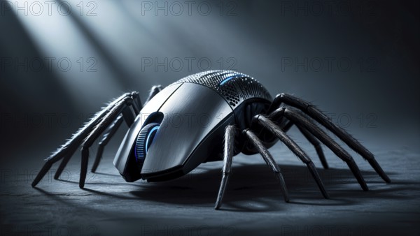 Computer mouse mechanical spider with a sleek design at night, reflecting a blend of modern