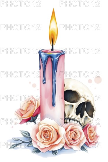 A pink candle burns brightly with blue wax dripping down its side. A human skull rests nearby,
