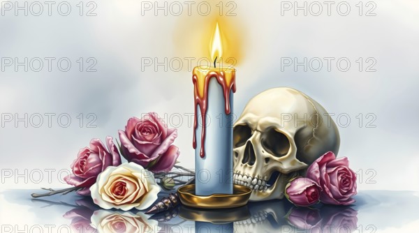 A blue candle burns steadily with melting wax dripping down, placed next to a human skull. Soft