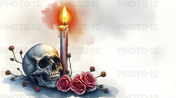 A candle burns softly next to a skull, surrounded by delicate roses, watercolor painting style. The