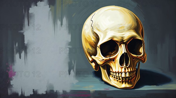 A detailed illustration of a human skull showcases vibrant colors and intricate shading. The skull