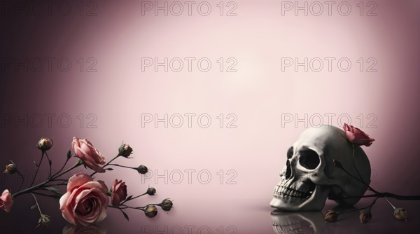 A candle stands beside an old skull adorned with dried roses against a soft pink backdrop. This