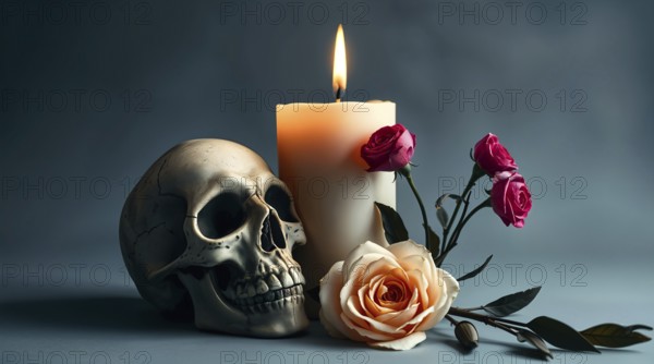 A skull beside a lit candle and roses creates a dark, moody still life with warm, mysterious