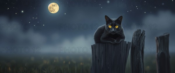 A black cat with bright yellow eyes perches on an old wooden post. The full moon lights up the