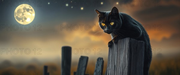 A black cat with striking yellow eyes sits gracefully on a weathered wooden post. The bright full