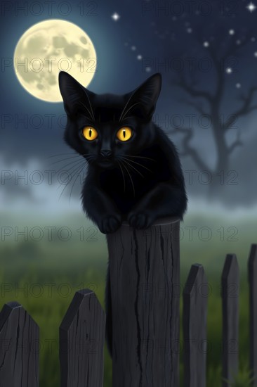 A black cat with glowing yellow eyes perches on a wooden fence post. The scene features a