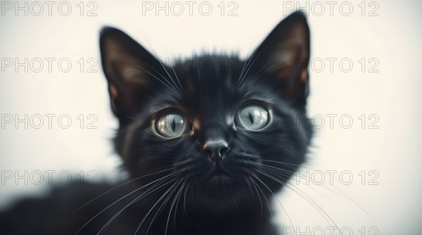 A delightful black kitten with bright blue eyes gazes at the camera with curiosity. Its fur is