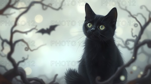 A black cat sits serenely among twisted branches under a starry night sky. Its green eyes reflect