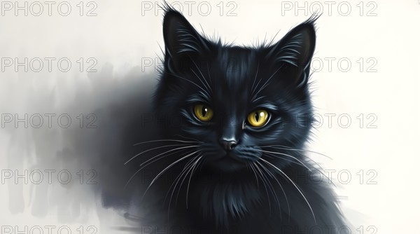 Black cat with striking yellow eyes staring at the viewer in a realistic artistic style, painted on