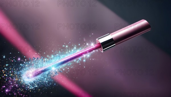 A vivid lip gloss wand emitting colorful sparkles and glitter in a magical, enchanting setting. AI