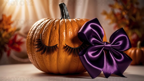 A vibrant orange pumpkin adorned with long eyelashes on a table. A shiny purple bow sits nearby,