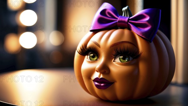A creative pumpkin design featuring a doll-like face with large green eyes, bold eyelashes, and a
