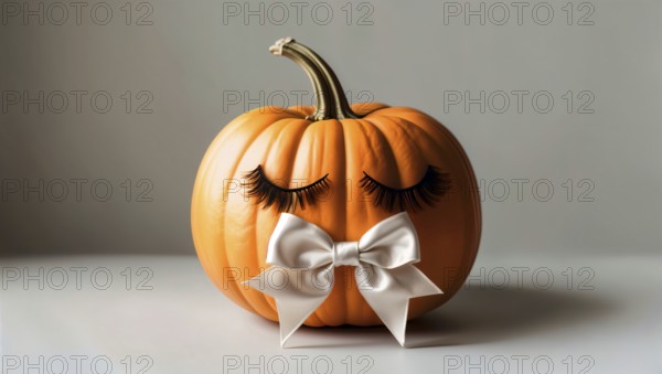 A pumpkin adorned with eyelashes and a white bow on a minimalist background, Halloween beauty