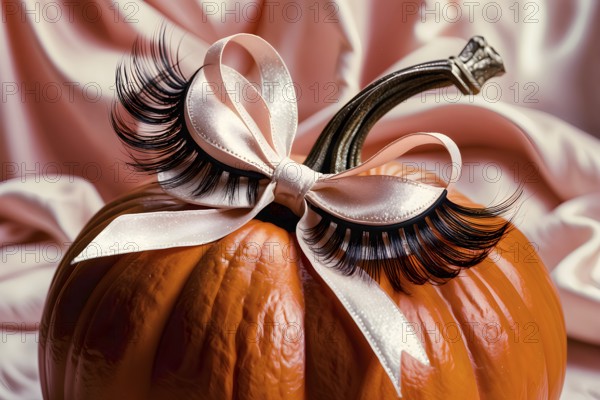 A pumpkin decorated with false eyelashes and a ribbon, set against pink fabric, creating a