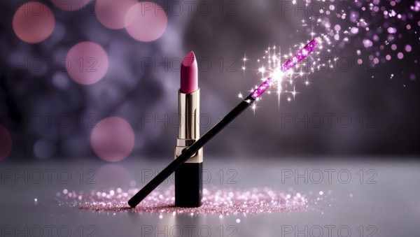 A vibrant pink lipstick stands upright next to a magic wand, shimmering with sparkles. This