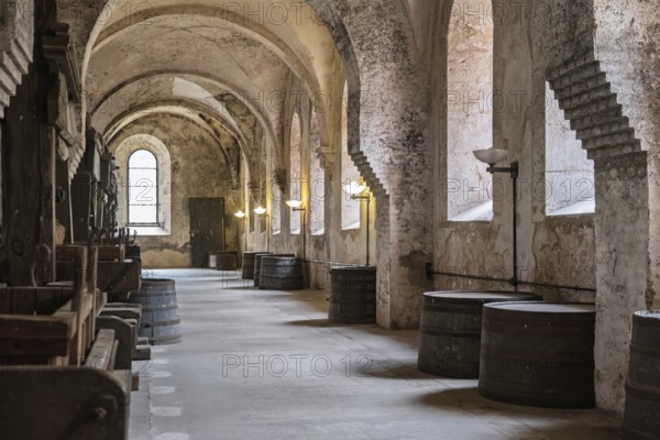 Eberbach Abbey, lay refectory, exhibition of historic wine presses from the period from 1668 to