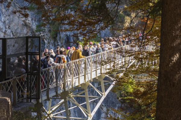People on the Marienbrücke near Neuschwanstein Castle in autumn, surrounded by trees and rocks,