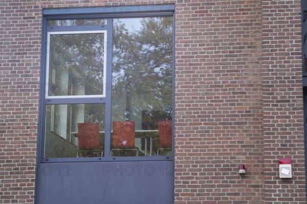Borken, NRW, Germany, RExterior view of a contemporary office window showing trees reflected on