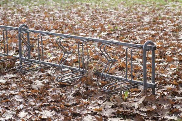 Borken, NRW, Germany, REmpty metal bike rack standing in a park surrounded by dry brown autumn